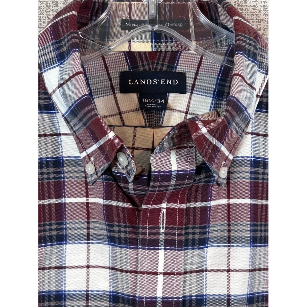 Lands End Mens 16.5-34 Supima No Iron Oxford Shirt Plaid Burgundy Button Down